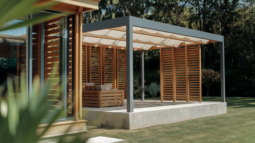 ómo instalar pérgolas bioclimáticas con acabado de madera y estructura metálica en jardines modernos.