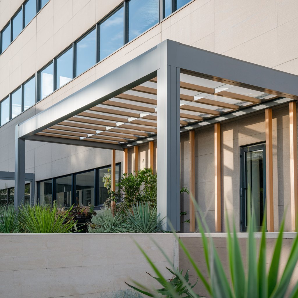Fachada moderna con pérgolas bioclimáticas adosadas, combinando estructura metálica y detalles en madera para un diseño elegante.