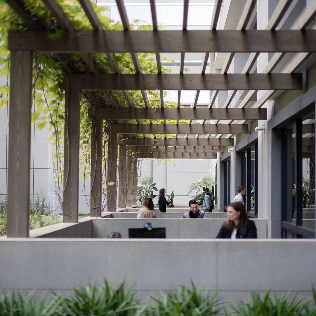 Espacio de oficina al aire libre con pérgolas bioclimáticas adosadas, proporcionando sombra y confort en un entorno natural.