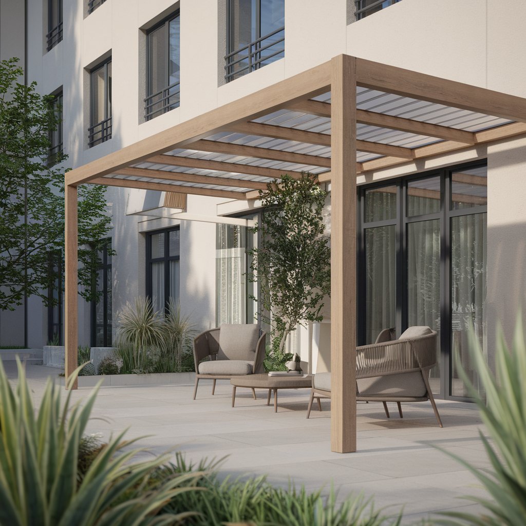 Terraza elegante con pérgolas bioclimáticas adosadas, proporcionando sombra y confort en un espacio moderno y acogedor.