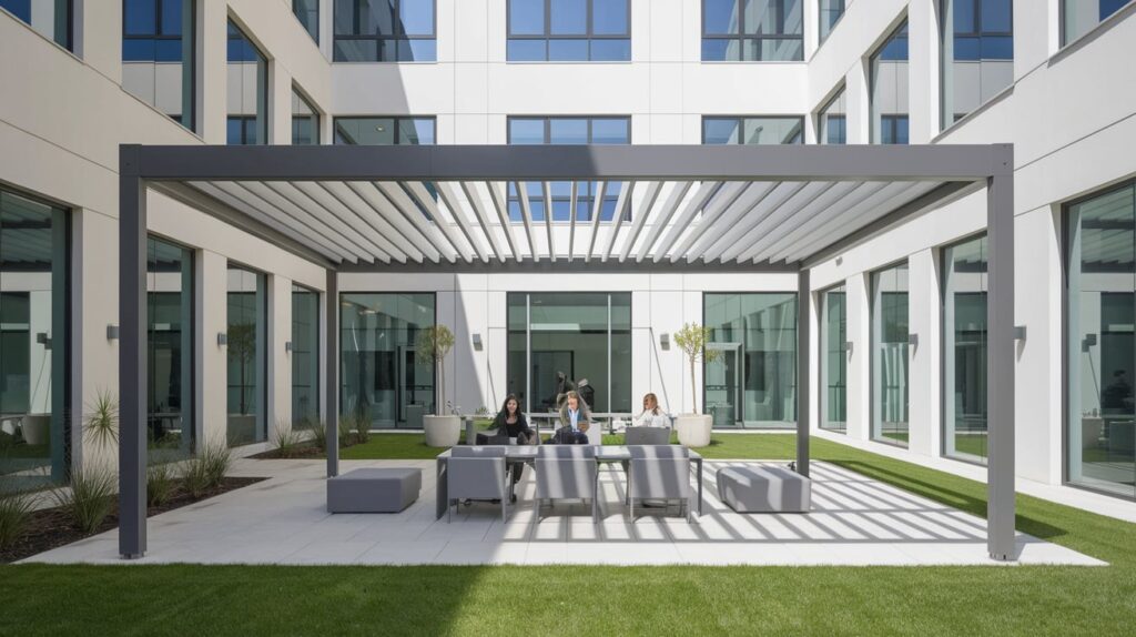 Pérgolas bioclimáticas con lamas orientables en un patio de diseño contemporáneo.