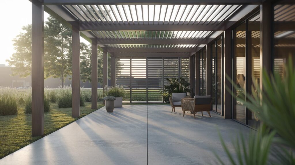 Pérgolas bioclimáticas con lamas orientables en una terraza acristalada, combinando diseño y funcionalidad.