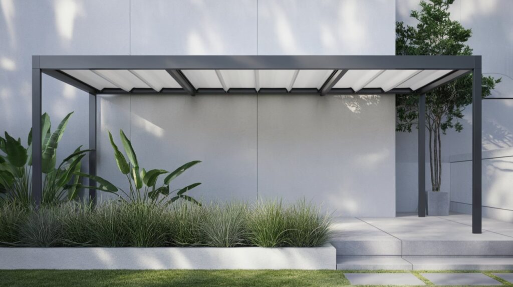 Pérgolas bioclimáticas de aluminio con diseño minimalista en jardín moderno.