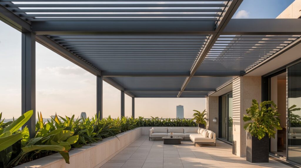 Pérgolas bioclimáticas en terrazas de lujo con diseño moderno y vistas urbanas.