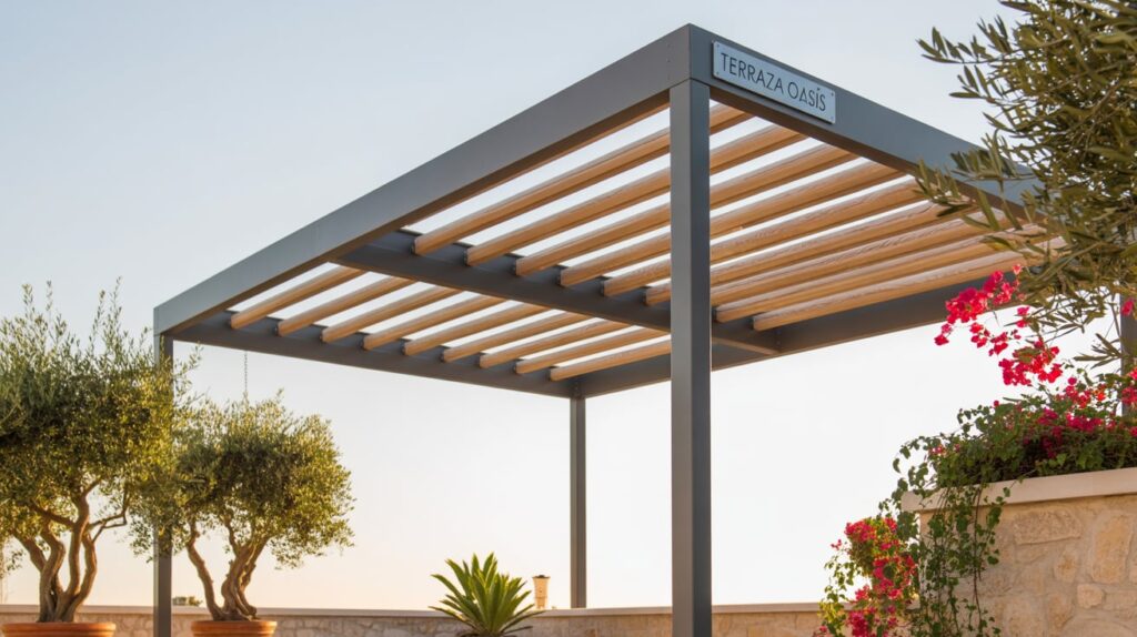 Pérgolas bioclimáticas en terrazas de diseño moderno en entorno mediterráneo.