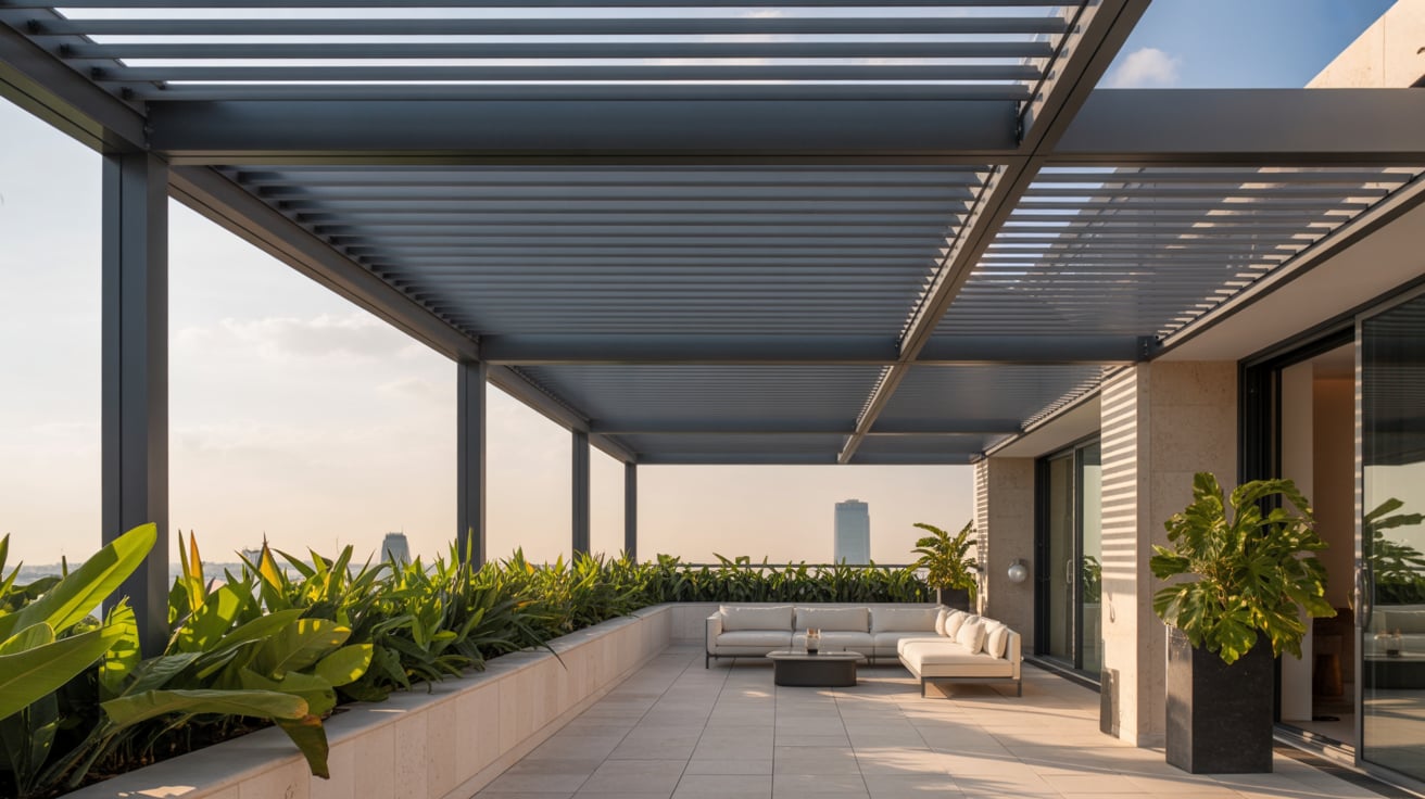 Pérgolas bioclimáticas en terrazas de lujo con diseño moderno y vistas urbanas.