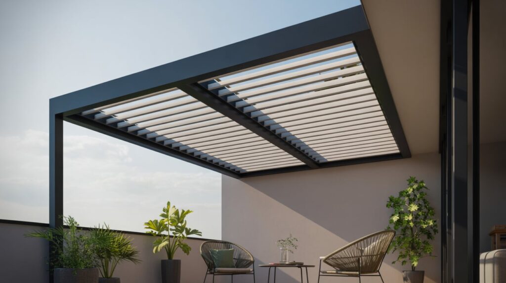 erraza moderna equipada con una de las mejores pérgolas bioclimáticas para balcones, ideal para optimizar el confort en espacios urbanos.