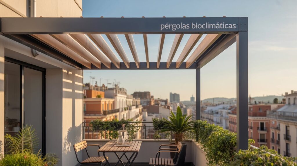 Diseño contemporáneo de pérgolas bioclimáticas para balcones con lamas orientables y mobiliario minimalista.