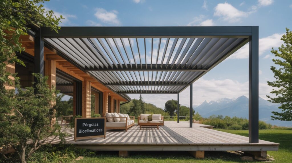 Pérgolas bioclimáticas para chalets con estructura metálica negra integradas en una terraza moderna.