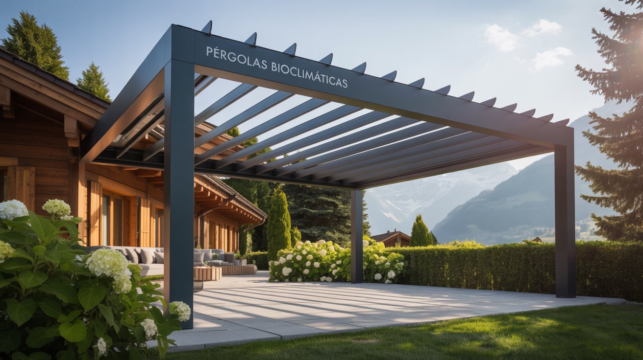 Pérgolas bioclimáticas para chalets con estructura de lamas orientables junto a una casa de madera en un entorno natural.