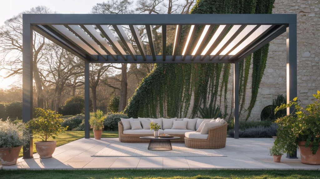 Pérgolas bioclimáticas para patios con estructura moderna y mobiliario de exterior.