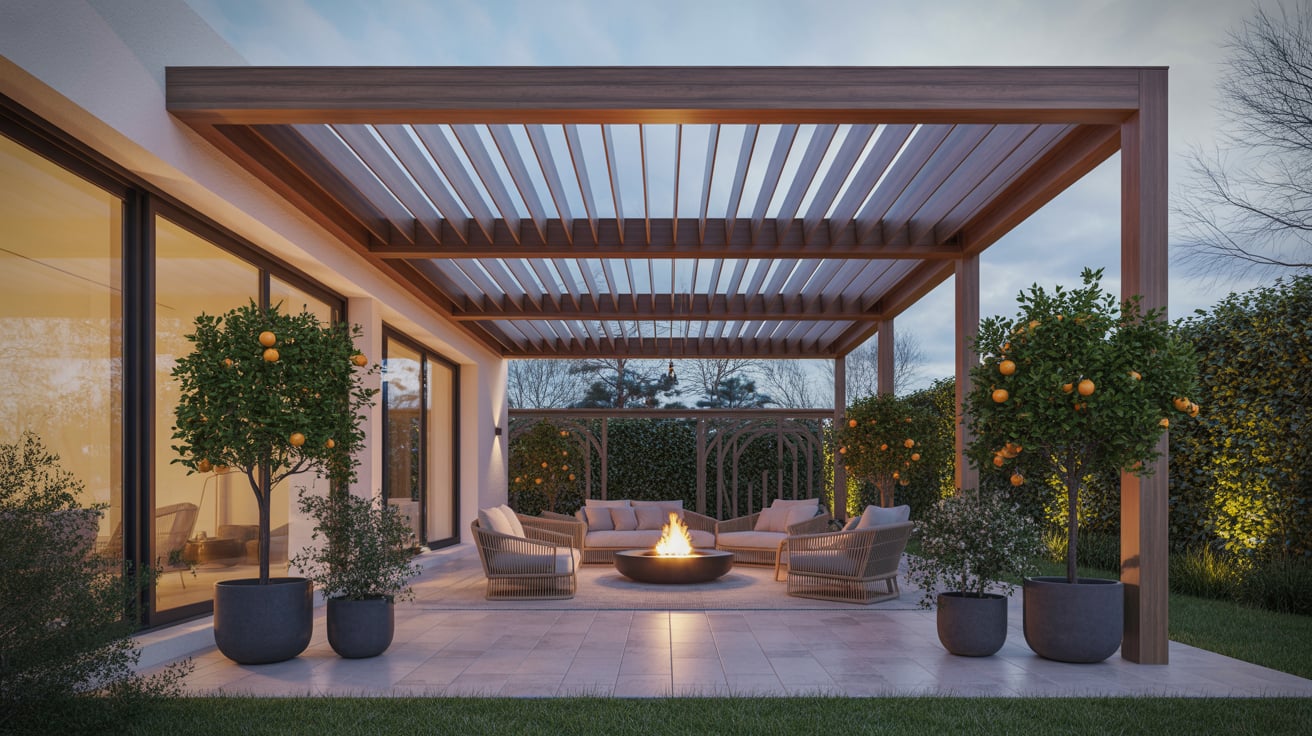 Espacio acogedor con pérgolas bioclimáticas para patios y sistema de iluminación ambiental.
