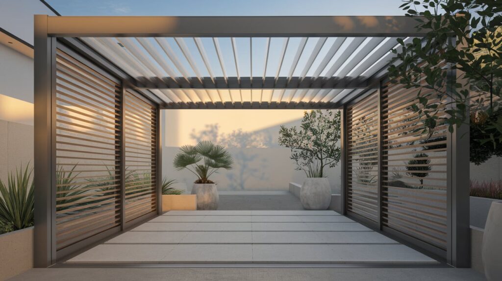 Pérgolas bioclimáticas retráctiles con jardín vertical para espacios verdes sostenibles.
